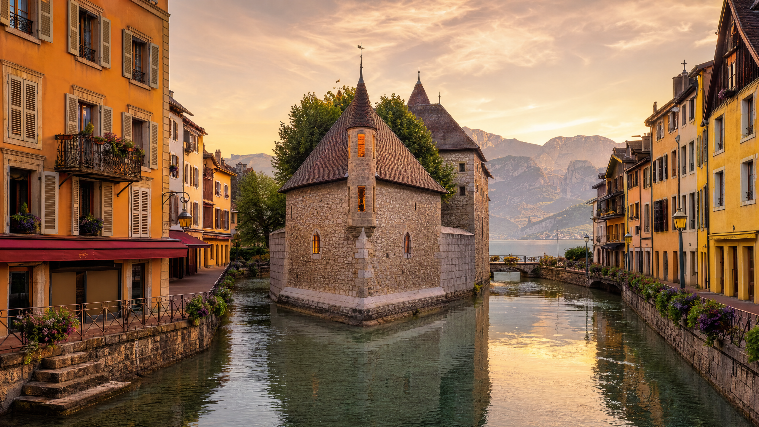 Vue du Palais de l'Île et du lac d'Annecy avec les montagnes, Haute-Savoie (74000)