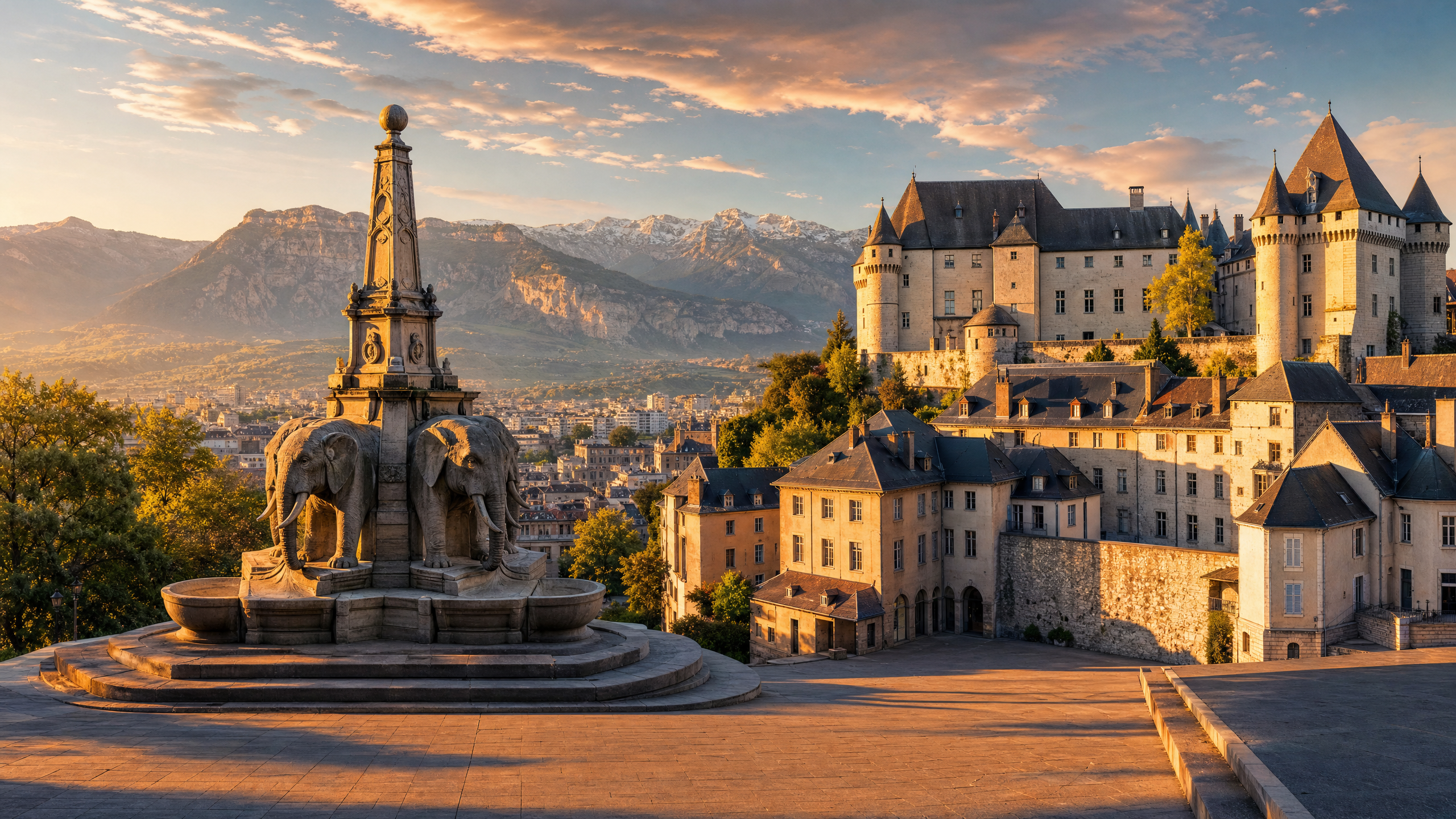 Vue panoramique de Chambéry avec la Fontaine des Éléphants et le Château des Ducs de Savoie, Savoie (73000)