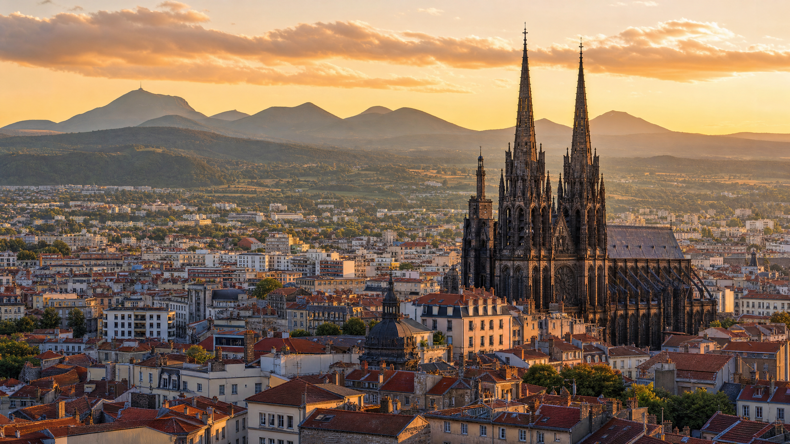 Vue de la Cathédrale Notre-Dame-de-l'Assomption en pierre de Volvic et la Chaîne des Puys, Puy-de-Dôme (63000)