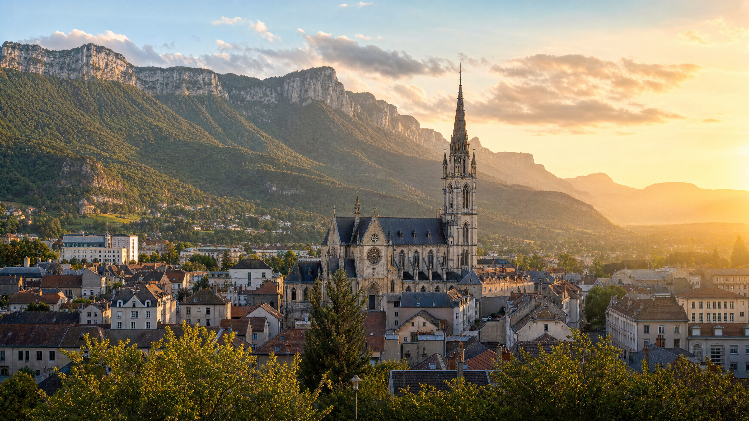 Vue panoramique de Voiron avec l'Église Saint-Bruno et les montagnes de la Chartreuse, Isère (38500)